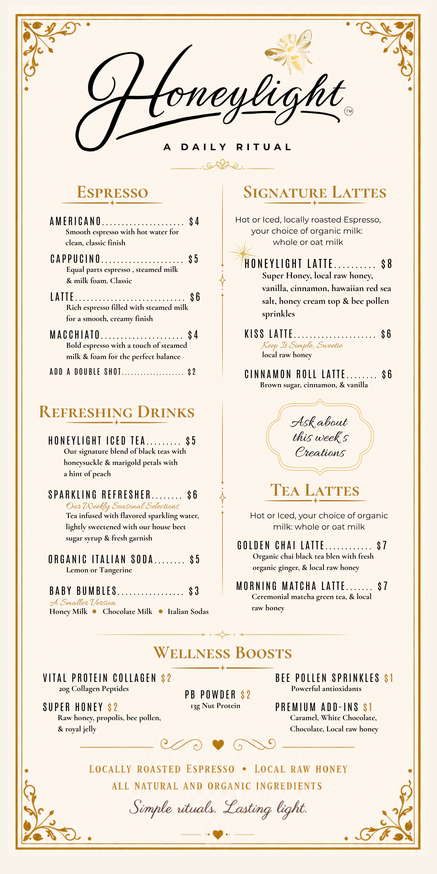 Honeylight full menu featuring espresso drinks, signature lattes, refreshing beverages, tea lattes, baby bumble kids drinks, and wellness infusions with pricing.